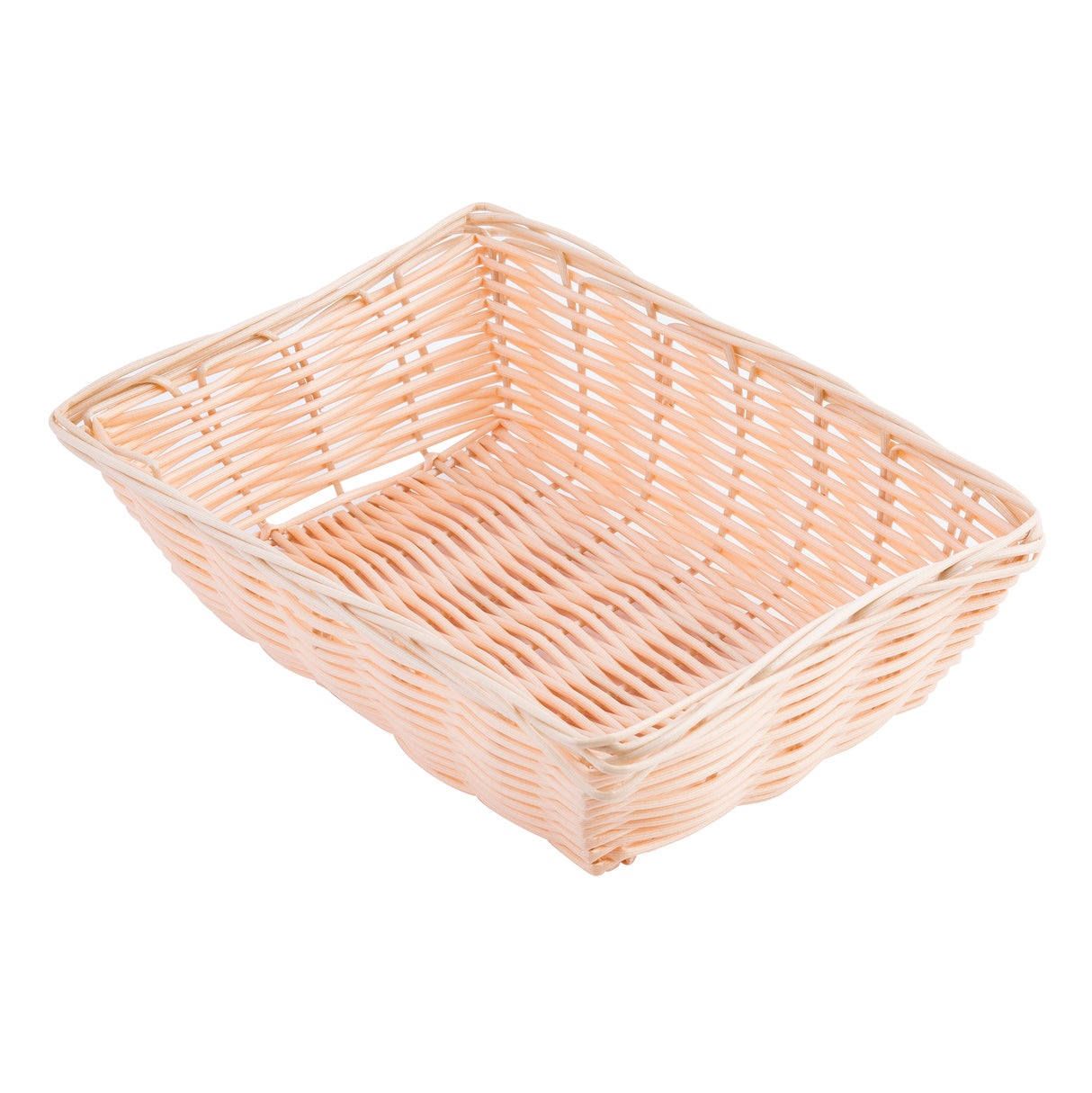 A rectangular hand-woven basket, such as the TableCraft 1172W, is shown empty on a white background. Its light beige polypropylene cord woven sides and bottom are slightly angled to highlight the basket's depth and texture.