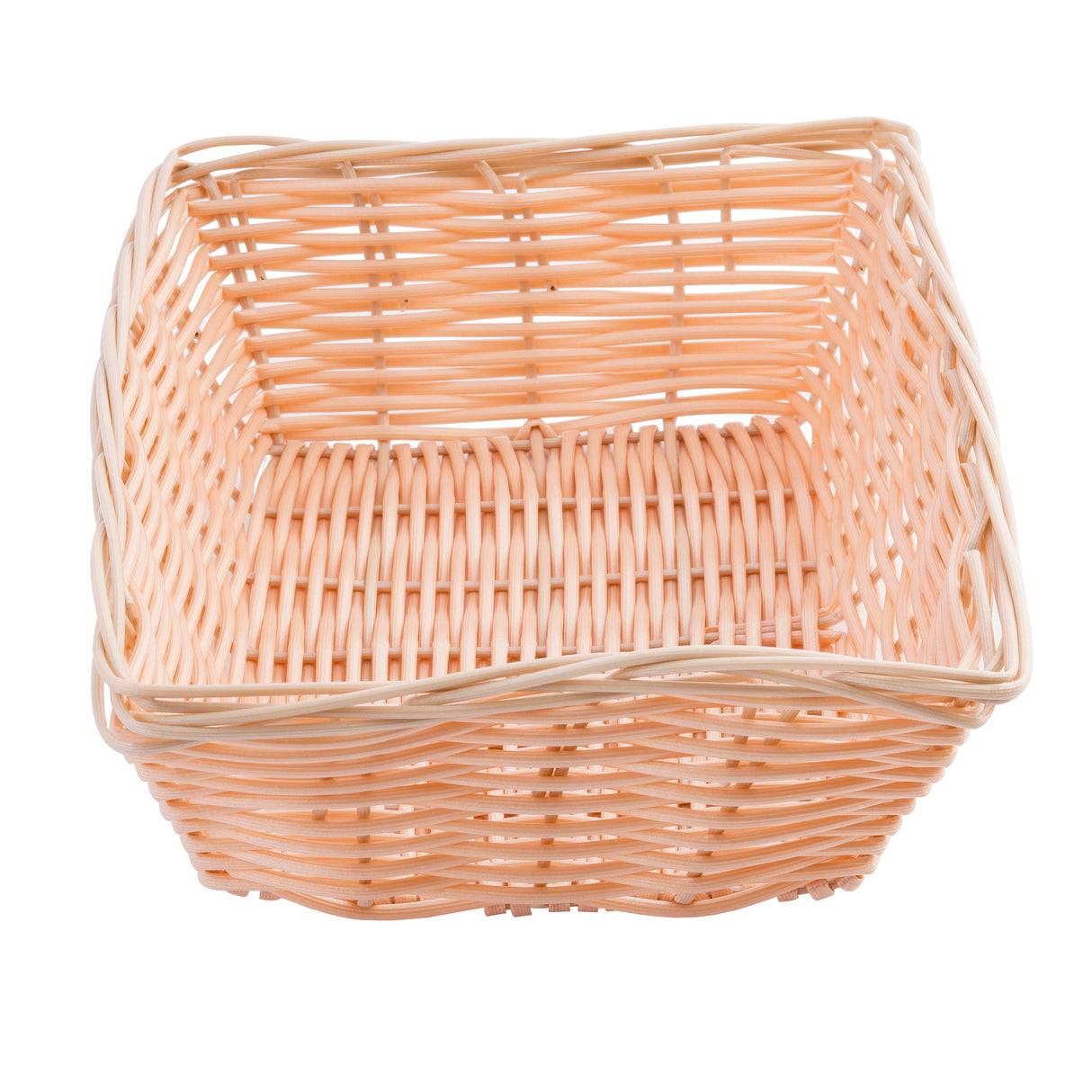 A square, light tan TableCraft 1172W wicker basket with an open top and woven sides and base, photographed against a white background. The basket has slightly curved edges and a simple, natural design.