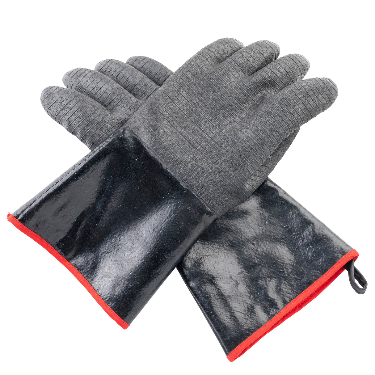 Two black industrial safety gloves with textured gray fingers and palms, shiny black cuffs, and red trim. These TableCraft high heat gloves are crossed with palms facing up, and feature a small loop on one cuff for easy hanging. White background.