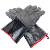 Two black industrial safety gloves with textured gray fingers and palms, shiny black cuffs, and red trim. These TableCraft high heat gloves are crossed with palms facing up, and feature a small loop on one cuff for easy hanging. White background.