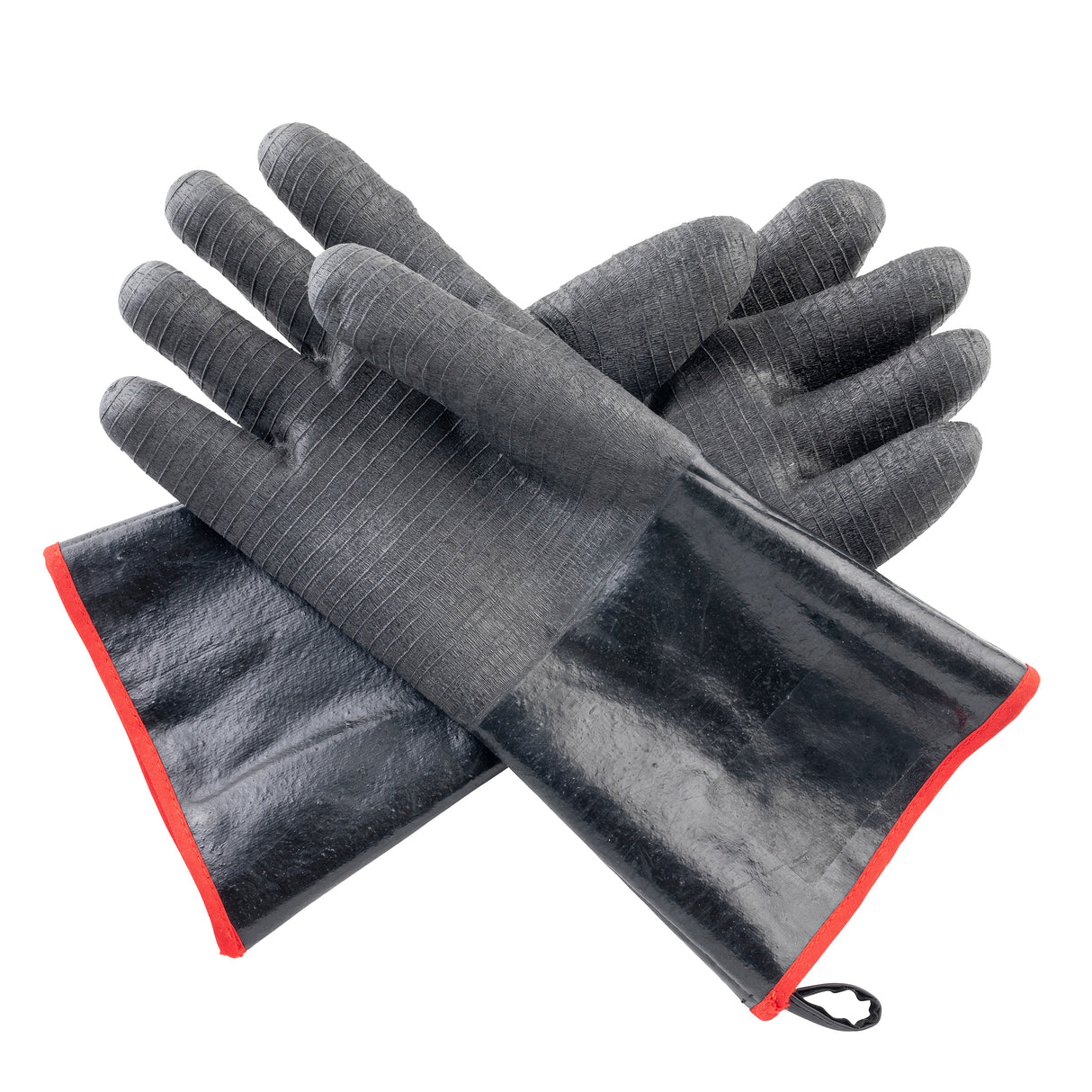 A pair of black heat resistant gloves with textured, ribbed fingers and palms. The gloves have long cuffs with a shiny surface and red edging. One high heat glove is laid across the other in an X shape on a white background.