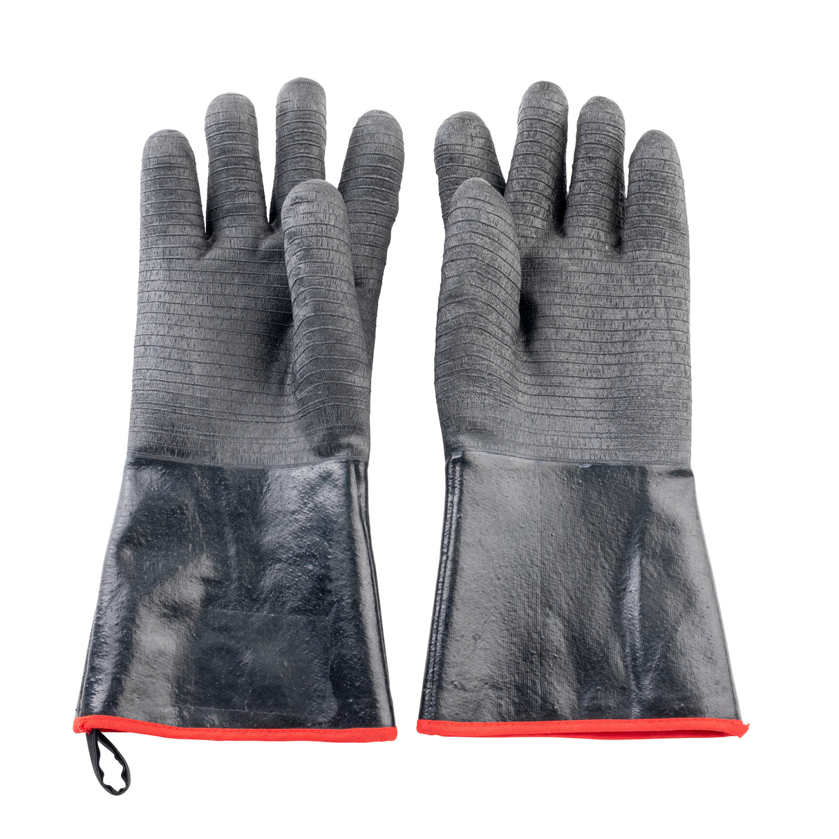 A pair of black heat resistant gloves with textured fingers and palms for grip. The long cuffs offer extended protection with a red trim at the edge. The gloves are laid flat, palms facing up, on a white background.