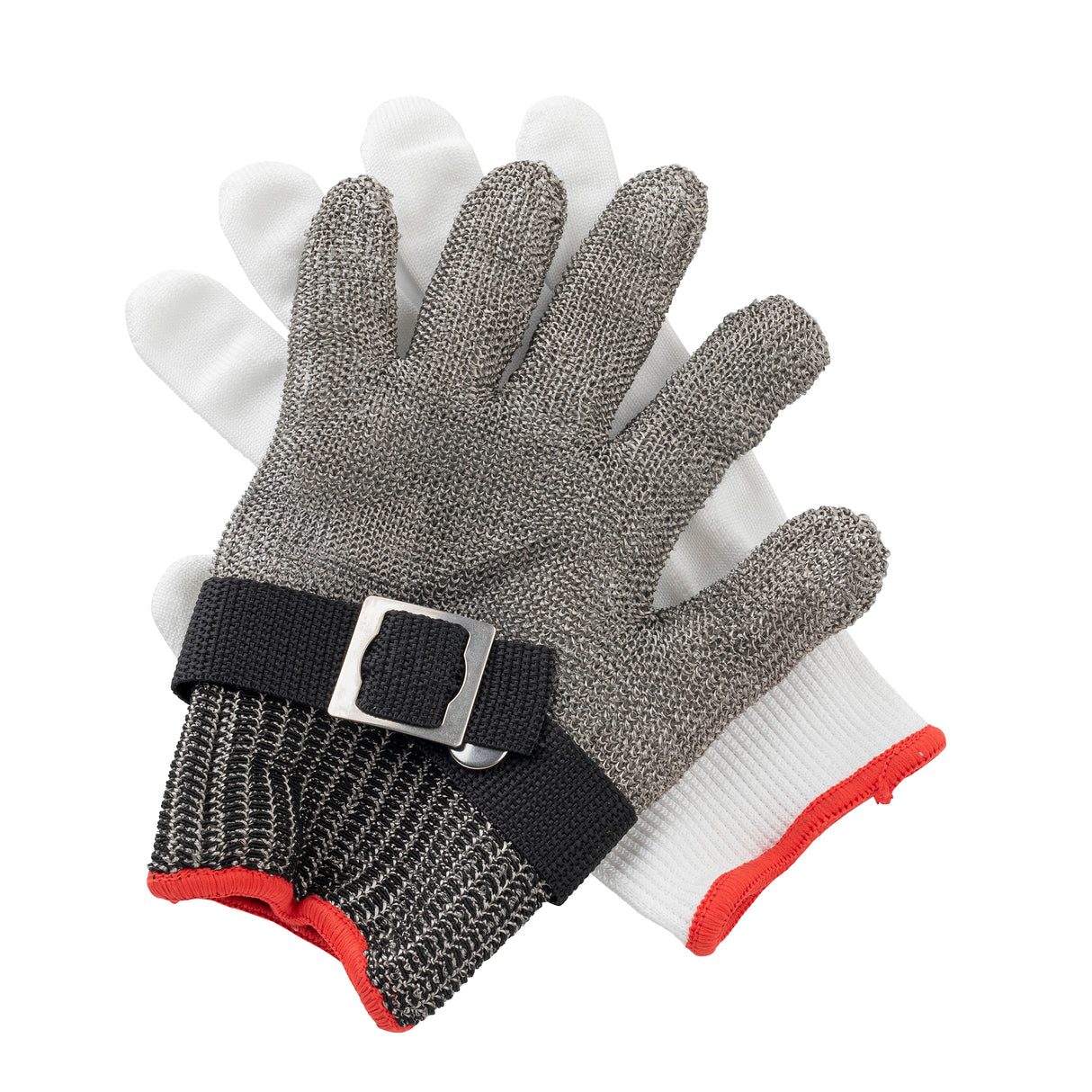 Two gloves are shown: a white fabric glove and a gray stainless steel cut-resistant glove with a black adjustable strap and metal buckle. Both protective gloves feature red trim at the wrist and are stacked on a white background.