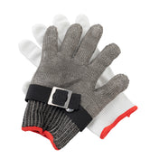 Two gloves are shown: a white fabric glove and a gray stainless steel cut-resistant glove with a black adjustable strap and metal buckle. Both protective gloves feature red trim at the wrist and are stacked on a white background.