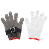 Two gloves are displayed side by side on a white background. The left is a stainless steel protective glove with a black adjustable strap and red cuff, while the right is a white cut-resistant glove with a red cuff. Both gloves are open-palmed.