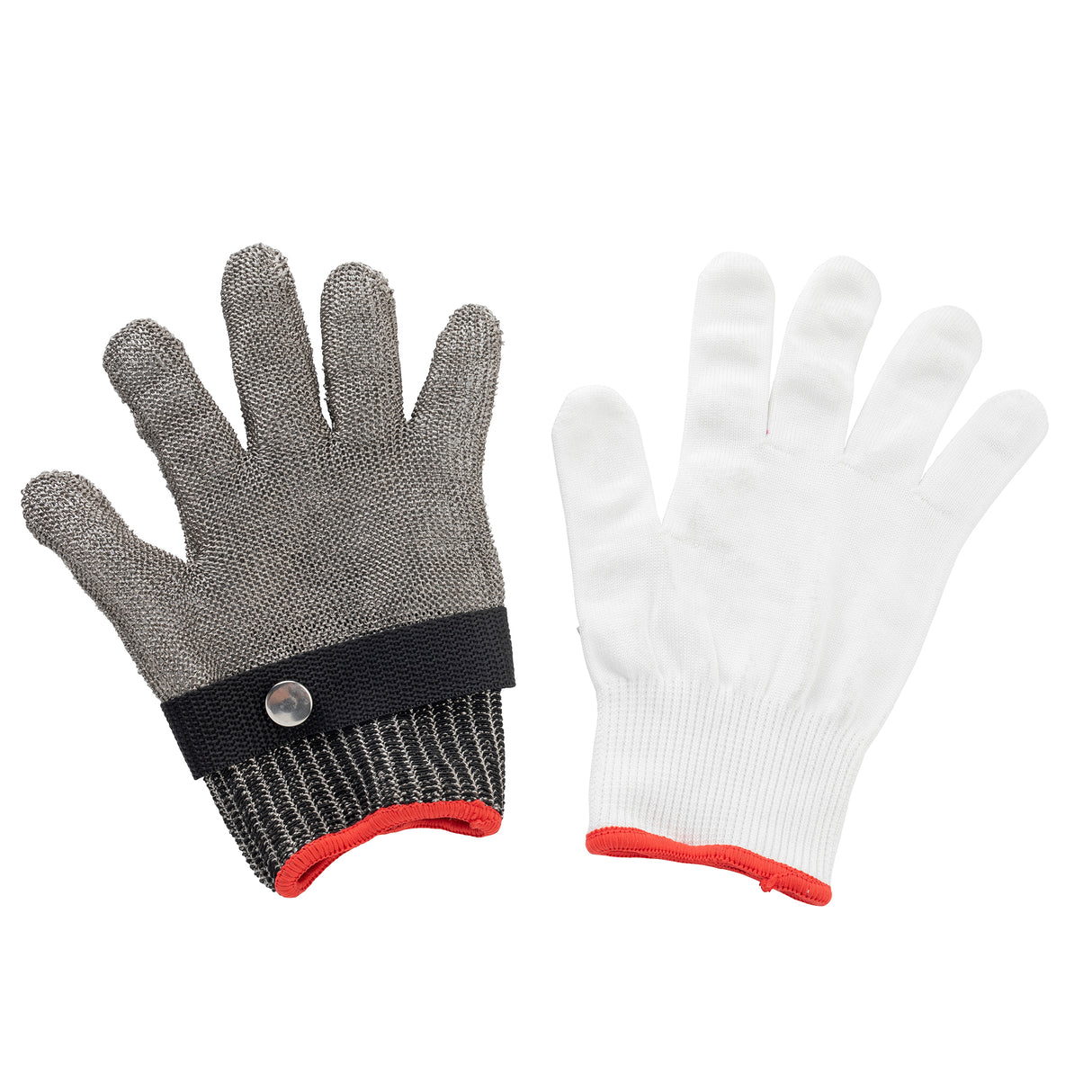 Two gloves are side by side on a white surface: the left is a gray stainless steel protective glove with a black strap and snap button at the wrist, the right is a white fabric glove with red trim. Both have five fingers and are shown palm up.