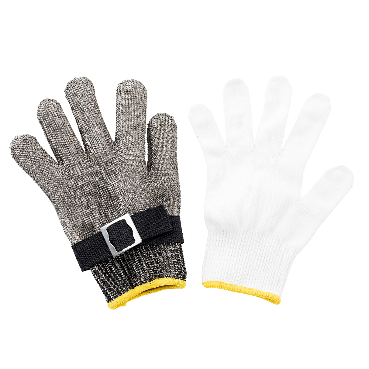 Two protective gloves on a white background: the left is a stainless steel glove with a black strap and buckle at the wrist; the right is white fabric with yellow trim. Both cut-resistant gloves are open and facing upward.