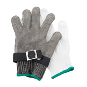 Two protective gloves are shown: a stainless steel glove with a black adjustable strap and buckle, placed atop a white knit cut-resistant glove with a green-trimmed cuff. Both gloves are displayed palm-up on a white background.