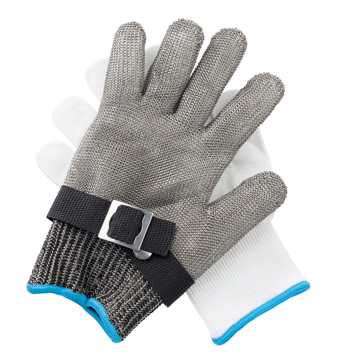 Two gloves overlapping: one is white with a blue cuff, the other is a woven stainless steel protective glove with a black adjustable strap and buckle—ideal for safety in industrial or kitchen settings.