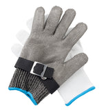 Two gloves overlapping: one is white with a blue cuff, the other is a woven stainless steel protective glove with a black adjustable strap and buckle—ideal for safety in industrial or kitchen settings.