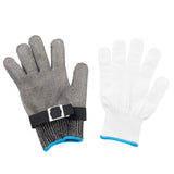Two gloves side by side: the left is a woven stainless steel, cut-resistant glove with a black adjustable strap and blue trim, while the right is a white fabric glove with a blue cuff, both displayed palm-up on a white background.