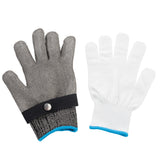 Two gloves lie side by side: the left is a woven stainless steel, cut-resistant glove with a black wrist strap and snap; the right is a plain white fabric glove with blue cuff trim. Both five-fingered gloves are laid flat on a white surface.