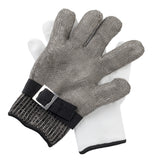 Two gloves are shown: a stainless steel cut-resistant glove with a black adjustable strap and metal buckle sits atop a plain white knit protective glove. The gloves are stacked, with the chainmail glove on top.