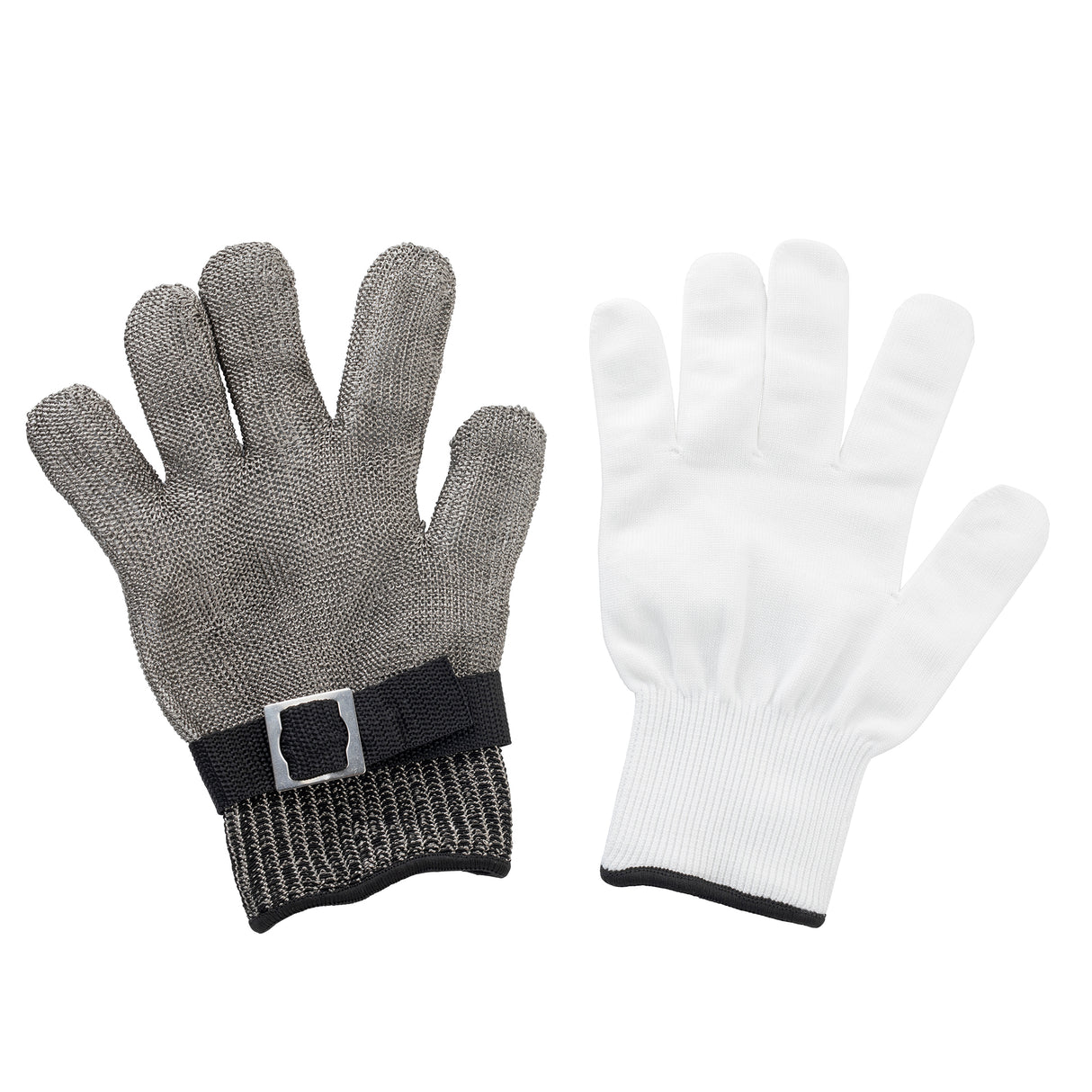 Two gloves are shown side by side. The left glove is a cut-resistant stainless steel glove with a black adjustable strap and buckle at the wrist. The right glove is plain white fabric, featuring a ribbed wrist cuff and a smooth texture.
