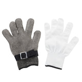 Two gloves are shown side by side. The left glove is a cut-resistant stainless steel glove with a black adjustable strap and buckle at the wrist. The right glove is plain white fabric, featuring a ribbed wrist cuff and a smooth texture.