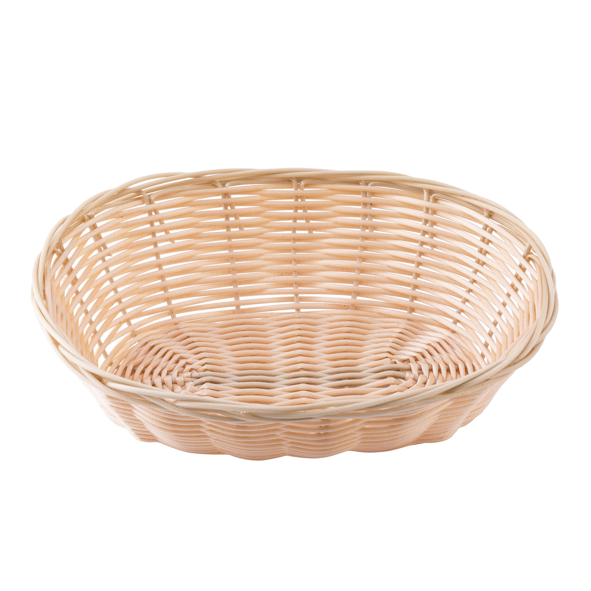 A round, shallow hand-woven basket with an open weave pattern and a smooth, light beige color. The basket’s rim is slightly thicker, and its surface has a gentle shine, indicating it is clean and empty.