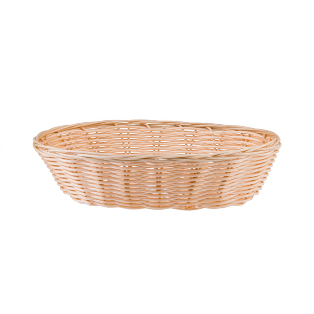 Oval-shaped, light brown hand-woven basket with a woven pattern, empty, set against a plain white background. The basket has slightly raised sides with a smooth rim and an intricate crisscross design.