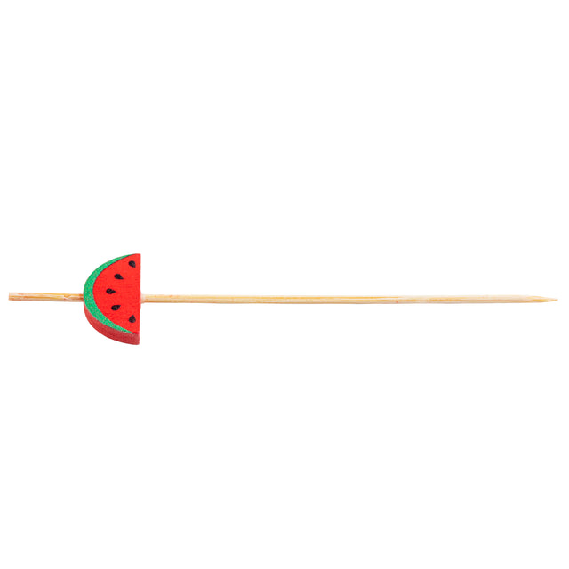 A Natural Bamboo TableCraft skewer features a decorative slice of watermelon with black seeds and a green rind near one end, making these Decorative Picks perfect for brightening up any setting against a plain white background.