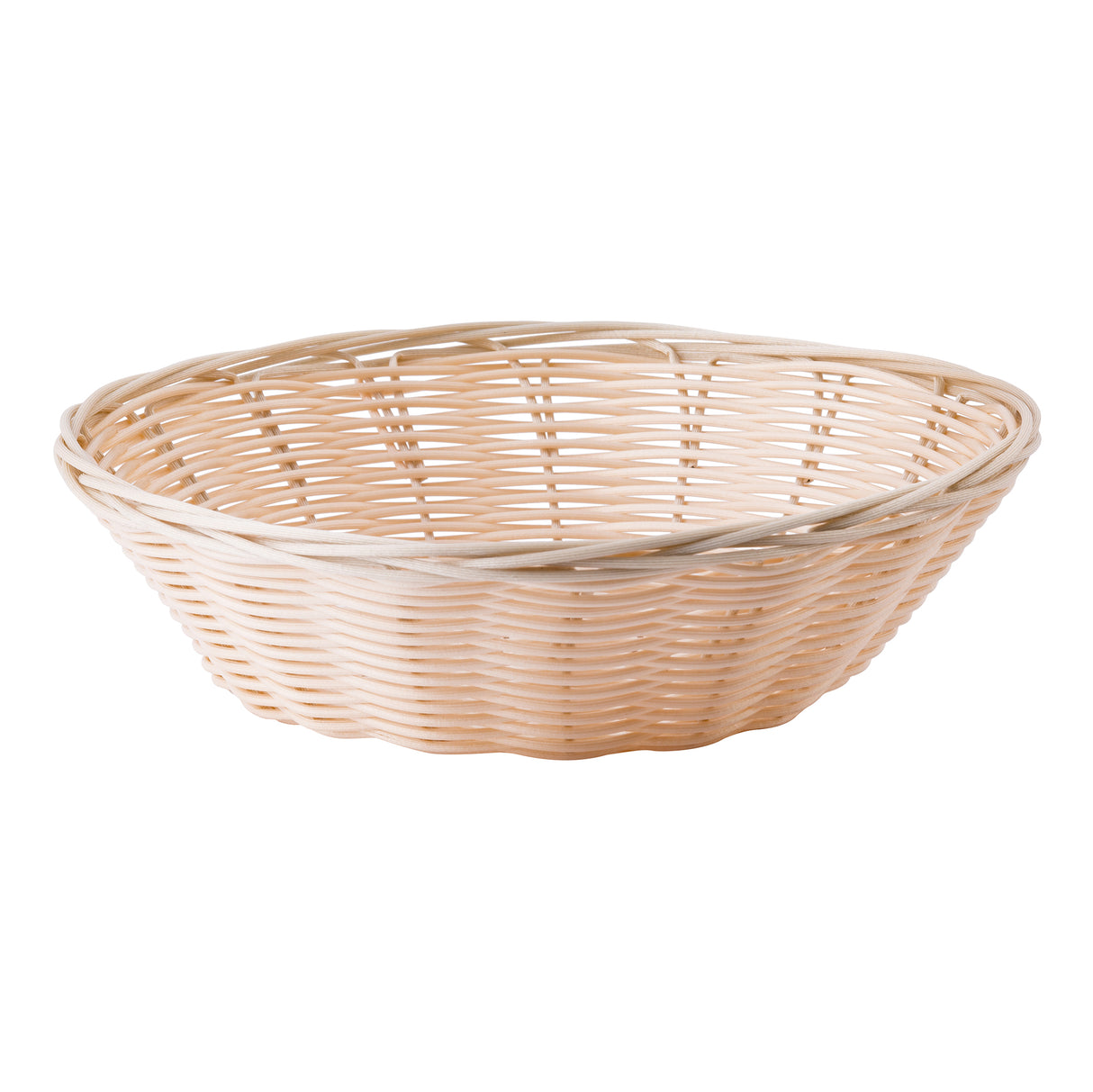A round, shallow hand-woven basket with light-colored, tightly woven strands. The basket features a slightly flared rim and a simple, natural finish, shown against a plain white background.