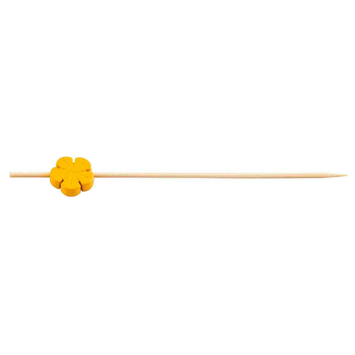 A natural bamboo pick with a small, orange, flower-shaped decoration near the blunt end. These decorative picks from TableCraft Products feature a pointed tip and are set against a plain white background.