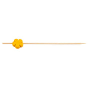 A natural bamboo pick with a small, orange, flower-shaped decoration near the blunt end. These decorative picks from TableCraft Products feature a pointed tip and are set against a plain white background.