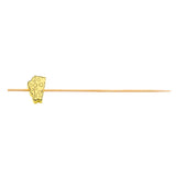 A natural bamboo cocktail pick with a decorative yellow cheese-shaped accent near one end. The rectangular cheese accent, resembling Swiss cheese, makes these decorative picks perfect as fun cheese picks for parties. Photographed on a white background.