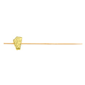 A natural bamboo cocktail pick with a decorative yellow cheese-shaped accent near one end. The rectangular cheese accent, resembling Swiss cheese, makes these decorative picks perfect as fun cheese picks for parties. Photographed on a white background.
