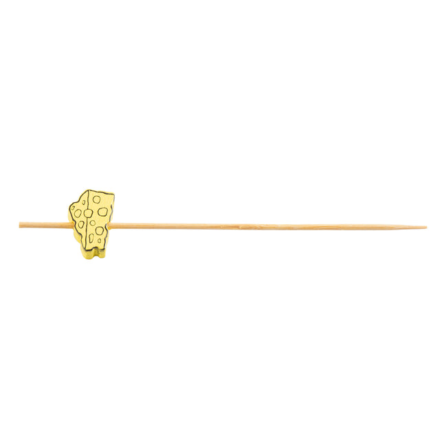A natural bamboo cocktail pick with a decorative yellow cheese-shaped accent near one end. The rectangular cheese accent, resembling Swiss cheese, makes these decorative picks perfect as fun cheese picks for parties. Photographed on a white background.