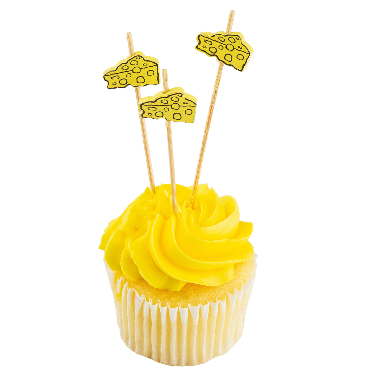 A yellow cupcake with bright yellow frosting features three Natural Bamboo Cheese Picks topped with cartoon cheese slices. The cupcake sits in a white paper liner against a white background.