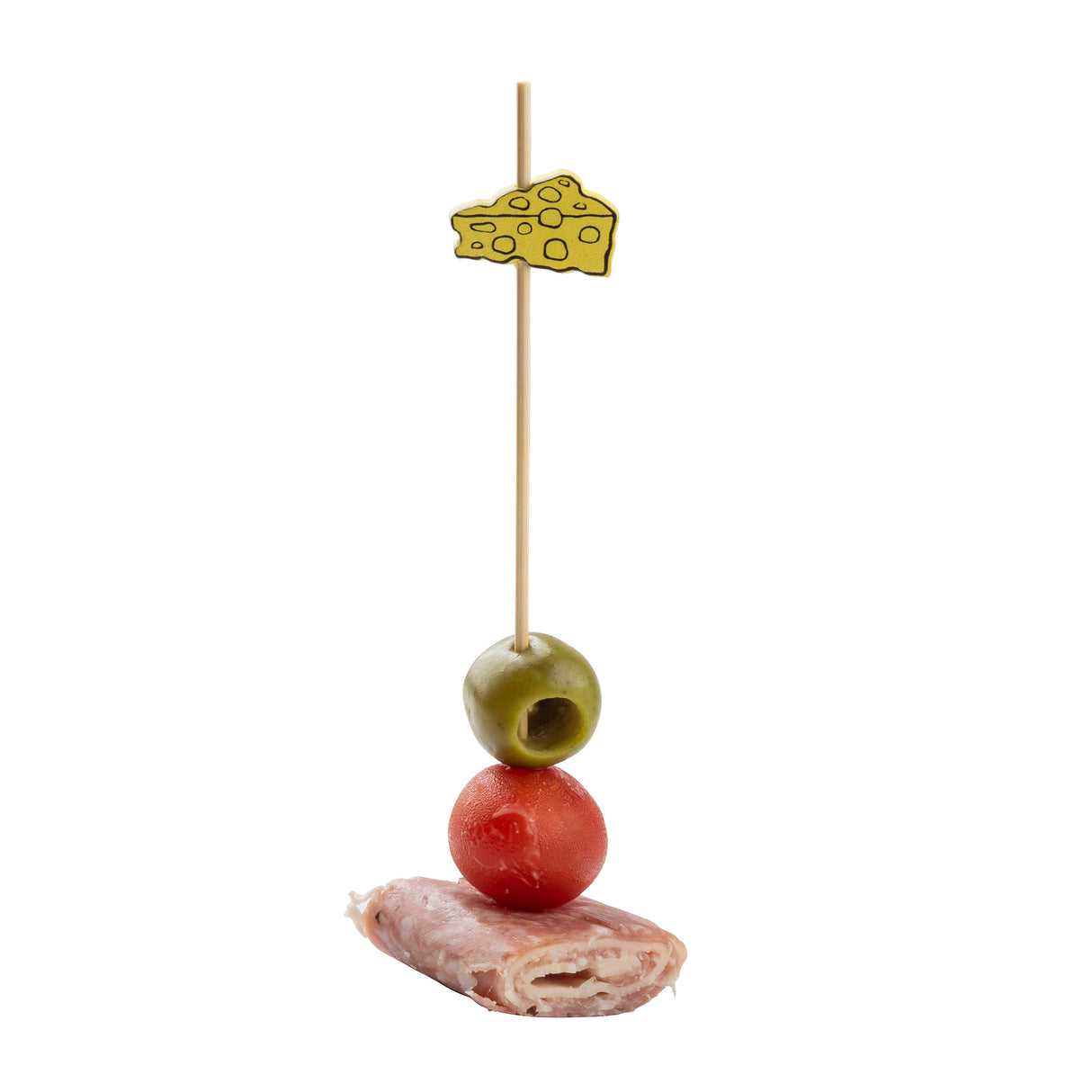 A wooden skewer with a cartoon cheese topper from our Cheese Picks collection holds a green olive, a cherry tomato, and a rolled slice of deli ham, stacked vertically, all isolated on a white background.