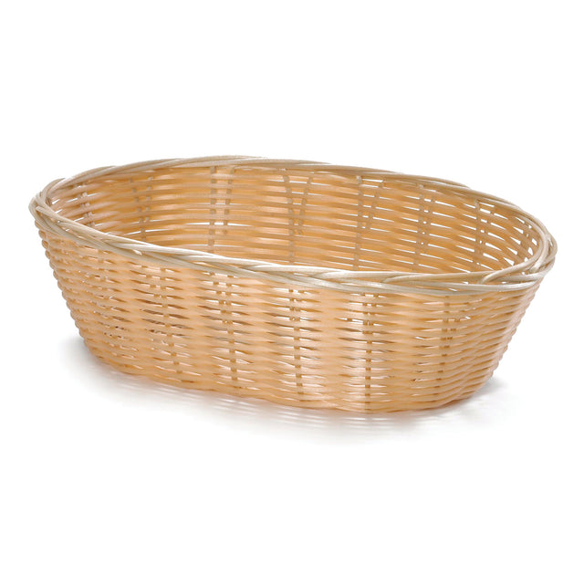 A light brown, oval-shaped hand-woven wicker basket with an open top. The basket is empty, featuring interwoven strips of polypropylene cord and a slightly raised rim, set against a plain white background.
