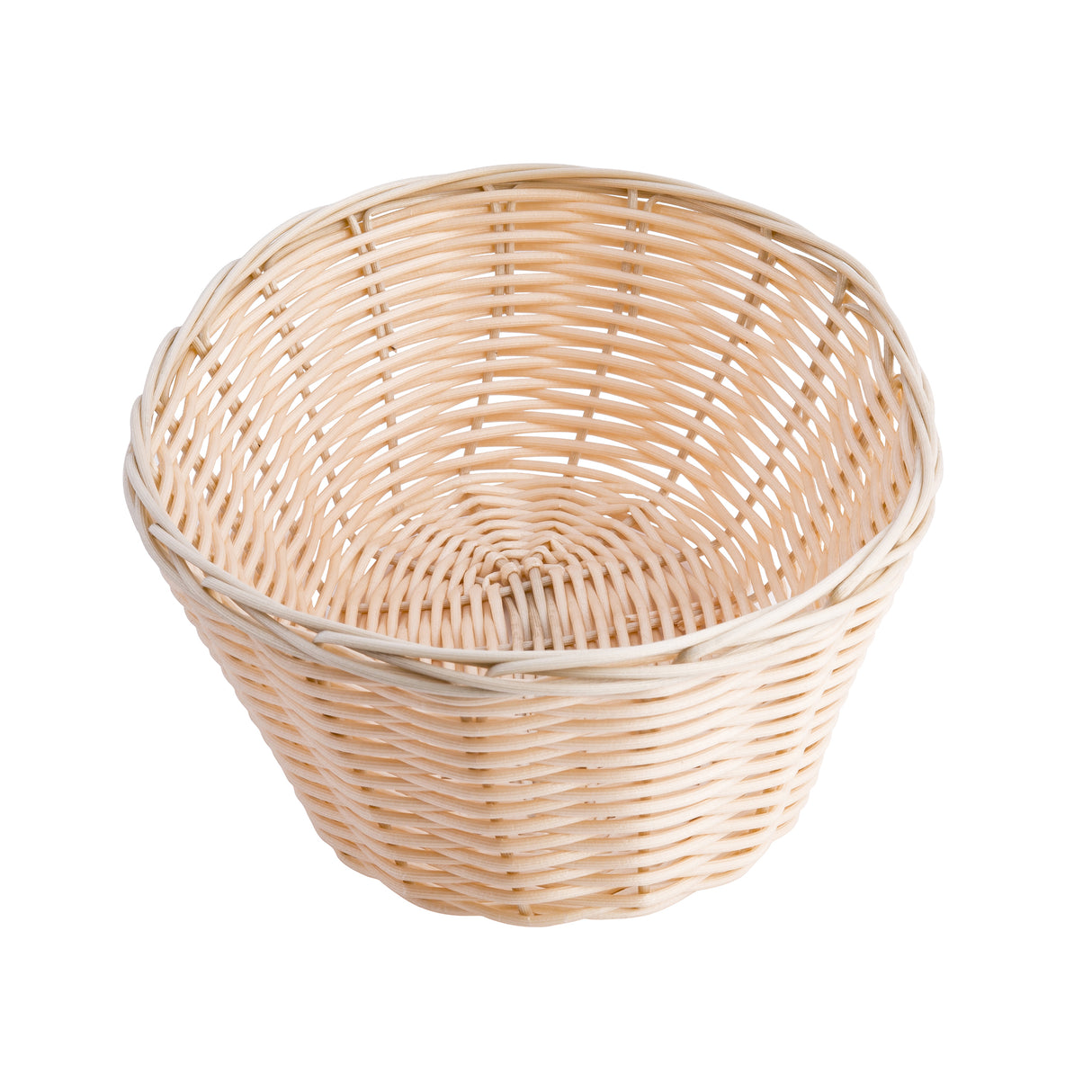A round, empty basket crafted from light beige polypropylene cord features a simple, hand-woven pattern and slightly flared sides. Photographed against a white background, its texture and structure are clearly visible under even lighting.