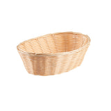 A light tan, oval-shaped hand-woven wicker basket with an open top and a weave pattern, placed on a plain white background. The empty basket appears lightweight, suitable for holding bread or small items.