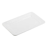 A plain, white rectangular serving platter is shown on a white background. The platter has smooth edges, a slightly raised rim, and a glossy finish. It appears clean and empty, photographed at a slight angle from above.