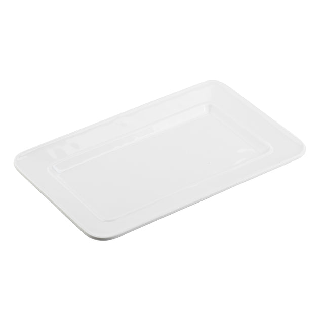 A plain, white rectangular serving platter is shown on a white background. The platter has smooth edges, a slightly raised rim, and a glossy finish. It appears clean and empty, photographed at a slight angle from above.