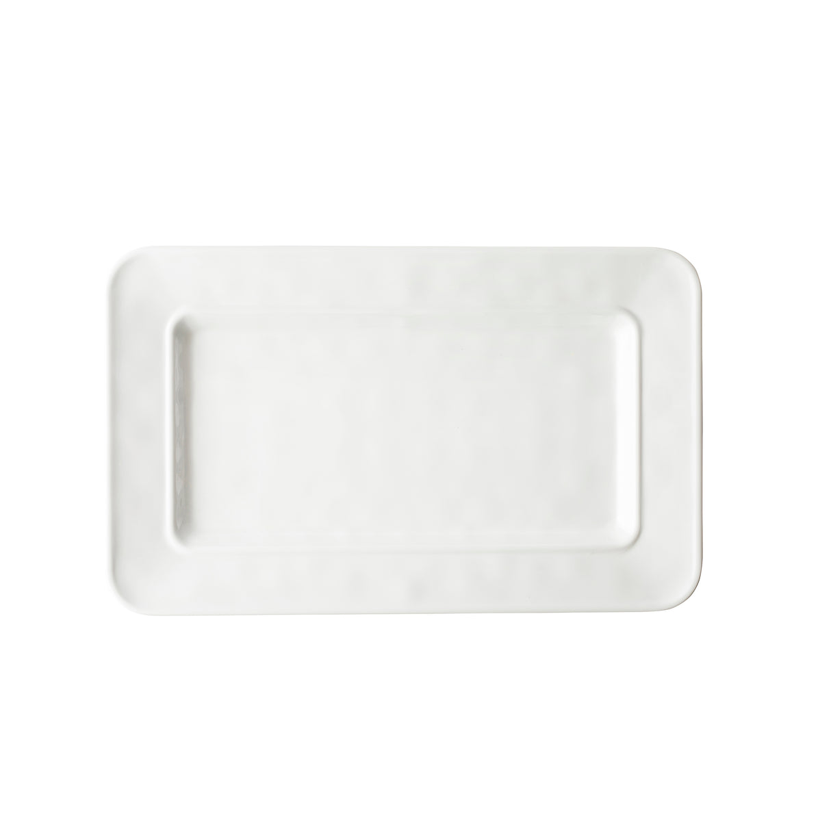 A plain, rectangular melamine serving platter with rounded corners is pictured against a white background. The platter has a slight edge and a glossy finish, giving it a clean and minimalist appearance.
