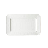 A plain, rectangular melamine serving platter with rounded corners is pictured against a white background. The platter has a slight edge and a glossy finish, giving it a clean and minimalist appearance.