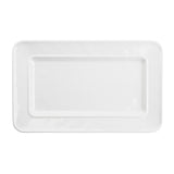 A plain, rectangular white melamine serving platter with slightly raised edges and rounded corners, viewed from above against a white background. The platter’s smooth, glossy surface reflects a bit of light.
