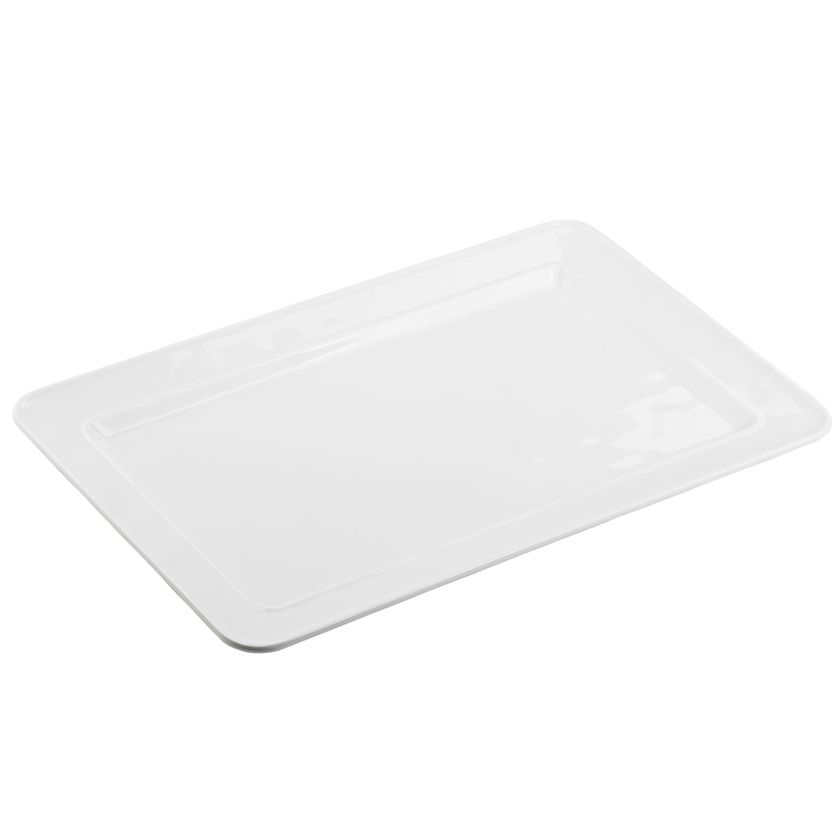 A plain, rectangular melamine platter with slightly raised edges, shown at an angle on a white background. The tray has a smooth, glossy surface and no visible patterns, designs, or handles.