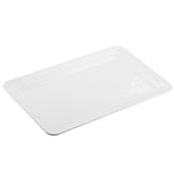 A plain, rectangular melamine platter with slightly raised edges, shown at an angle on a white background. The tray has a smooth, glossy surface and no visible patterns, designs, or handles.
