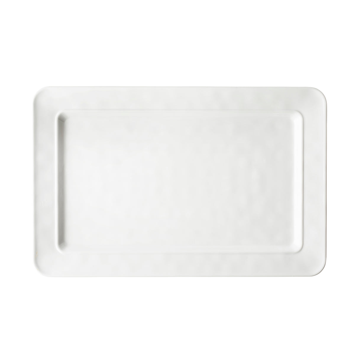 A plain, white Ridge Collection Serving Platter with slightly raised edges and rounded corners, shown from a top-down view against a white background. This rectangular serving platter appears clean and empty.