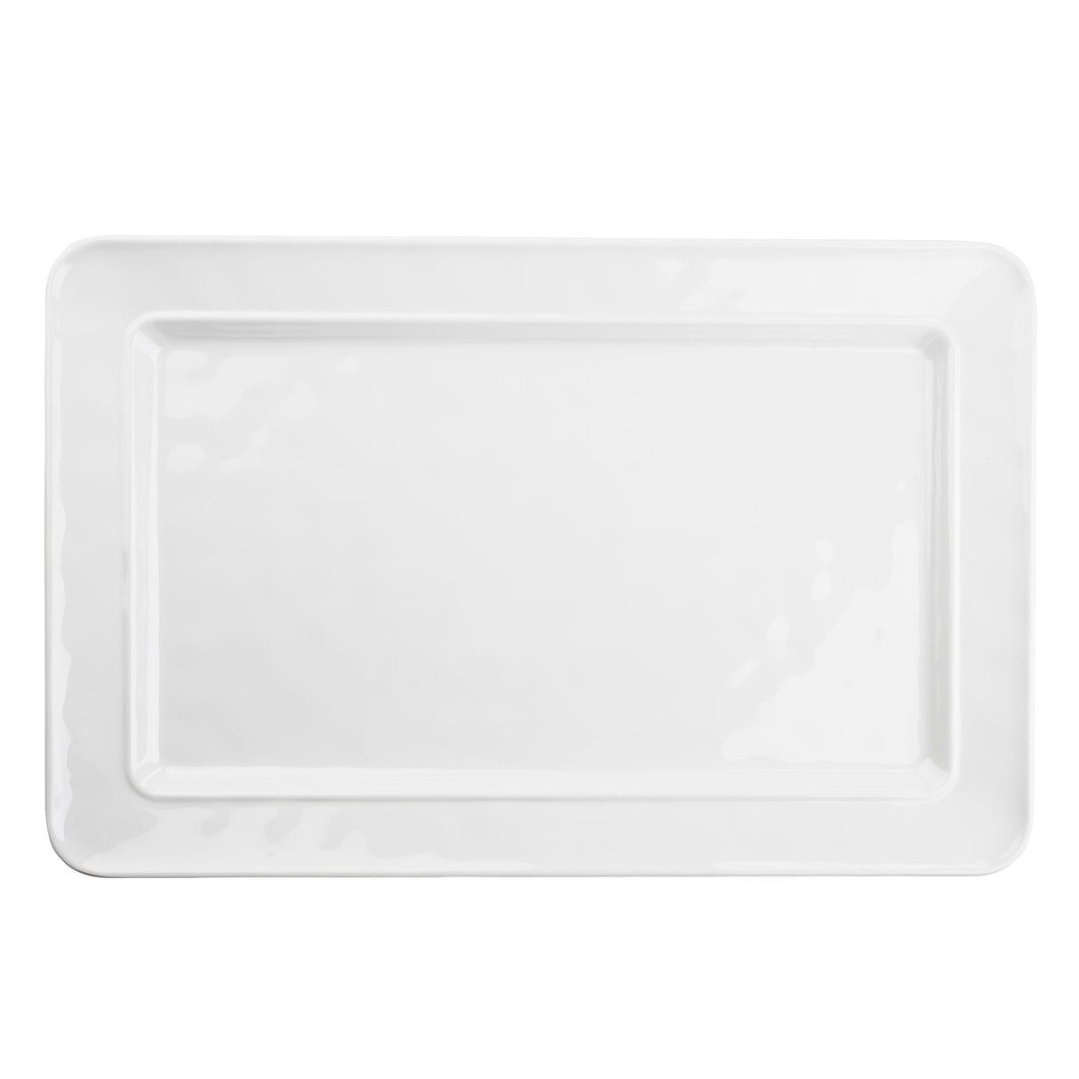 A plain, rectangular serving platter with slightly raised edges, viewed from above on a white background. The plate has a smooth, glossy finish and no visible patterns or decorations.