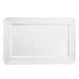A plain, rectangular serving platter with slightly raised edges, viewed from above on a white background. The plate has a smooth, glossy finish and no visible patterns or decorations.