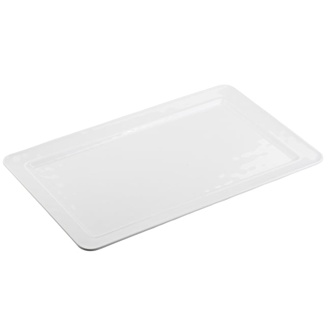A plain, rectangular serving platter with slightly raised edges is shown against a white background. The tray’s smooth, glossy surface reflects light, suggesting it may be a melamine platter or ceramic. The image is taken from a slight angle.