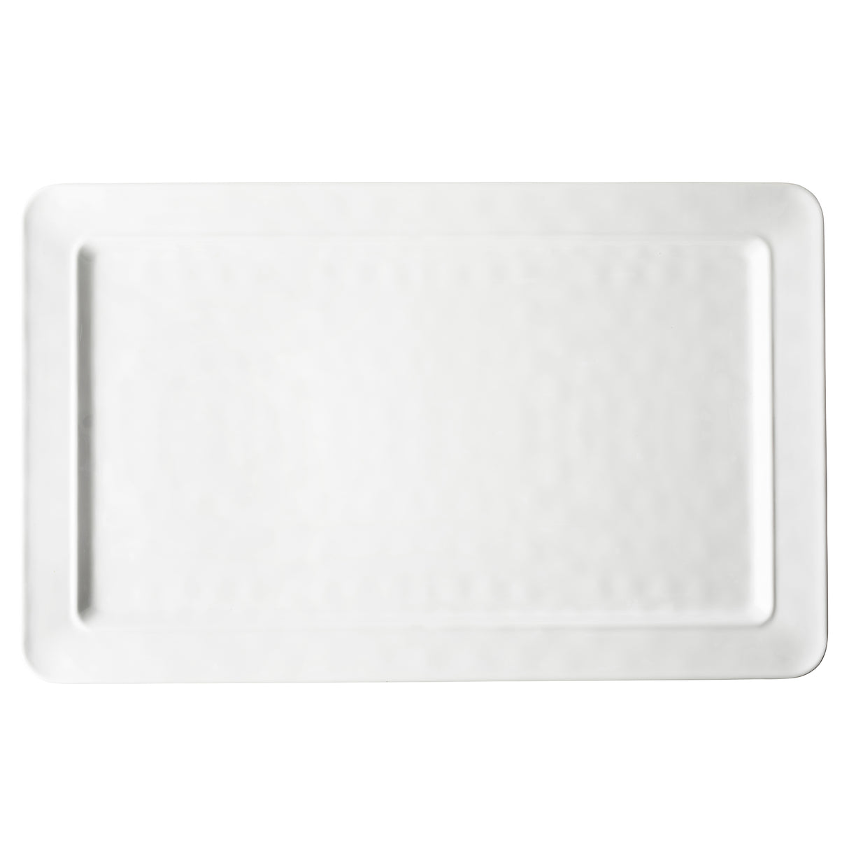 A rectangular serving platter with a subtle hammered texture and slightly raised rim, crafted from durable melamine. Photographed from above against a plain white background.