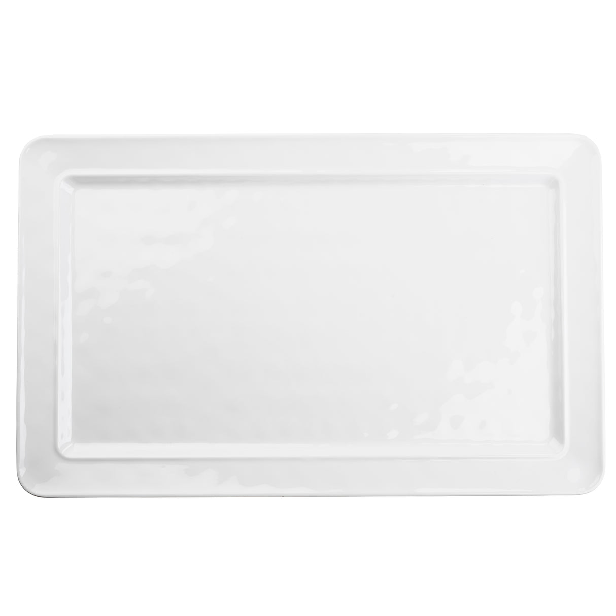 A plain, rectangular melamine platter with a slightly raised border and smooth glossy surface, photographed from above on a white background. The serving platter appears empty and clean, ideal for food presentation or display.