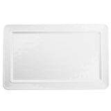 A plain, rectangular melamine platter with a slightly raised border and smooth glossy surface, photographed from above on a white background. The serving platter appears empty and clean, ideal for food presentation or display.