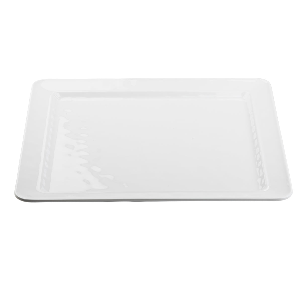 A plain, glossy white melamine platter from the Ridge Collection with slightly raised edges. The empty serving platter is photographed against a white background, highlighting its clean and simple design.