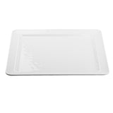 A plain, glossy white melamine platter from the Ridge Collection with slightly raised edges. The empty serving platter is photographed against a white background, highlighting its clean and simple design.