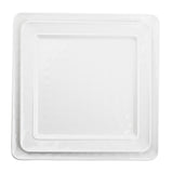 Two clean, white, square ceramic plates from the Ridge Collection are stacked, one smaller and centered on top of the larger plate. Their glossy finish and slightly raised edges highlight a simple, modern design perfect for any serving platter arrangement.